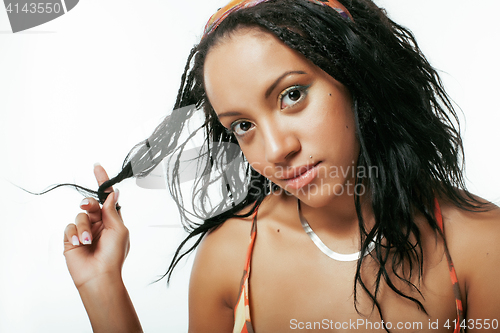 Image of young pretty african american woman isolated on white background happy smiling, wearing bright shawl and jewelry, showing bad corrupted hair, lifestyle people concept