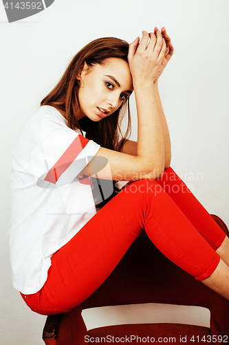 Image of young pretty stylish hipster girl posing emotional isolated on white background happy smiling cool smile, lifestyle people concept