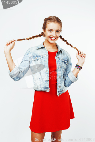 Image of young pretty stylish hipster blond girl with pigtails posing emotional isolated on white background happy smiling cool smile, lifestyle people concept