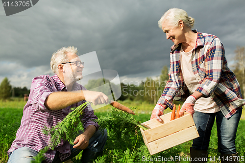 Image of senior couple with box of carrots on farm