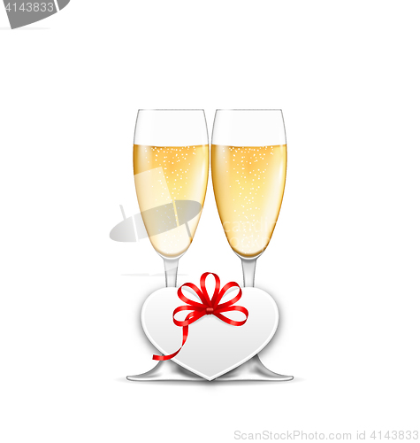 Image of Wineglasses of Champagne and Paper Postcard for Happy Valentines