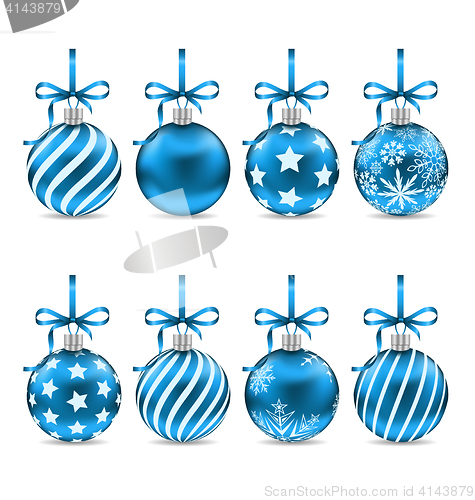 Image of Set Christmas Blue Shiny Balls with Bow Ribbons