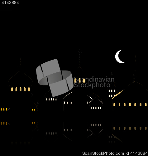 Image of Silhouette of Mosque Against Night Sky with Crescent Moon