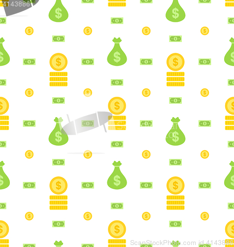 Image of Seamless Pattern with Money Bag, Bank Notes, Coins, Flat Finance Icons