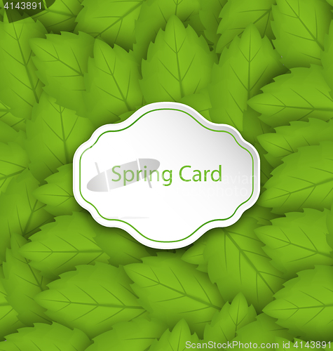 Image of Spring Card on Seamless Stylish Pattern with Green Leaves