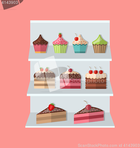 Image of Delicious sweets piece cake stand market icons set