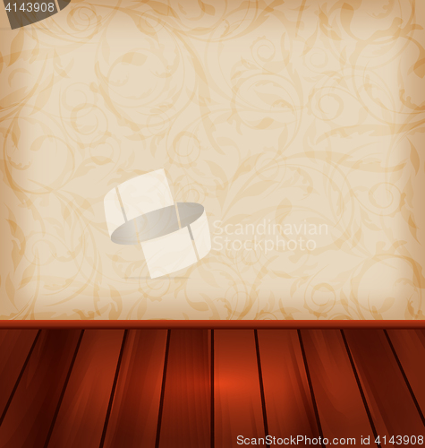 Image of Floral wallpaper and wooden floor