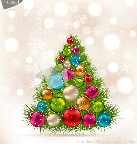 Image of Christmas tree and colorful balls on light background