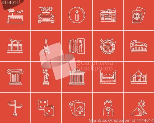 Image of Travel and holiday sketch icon set.