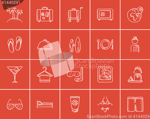 Image of Travel and holiday sketch icon set.