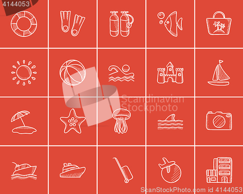 Image of Travel and holiday sketch icon set.
