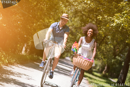 Image of Young multiethnic couple having a bike ride in nature