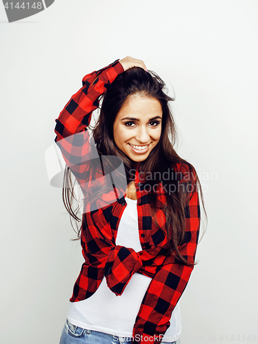 Image of young happy smiling latin american teenage girl emotional posing on white background, lifestyle people concept