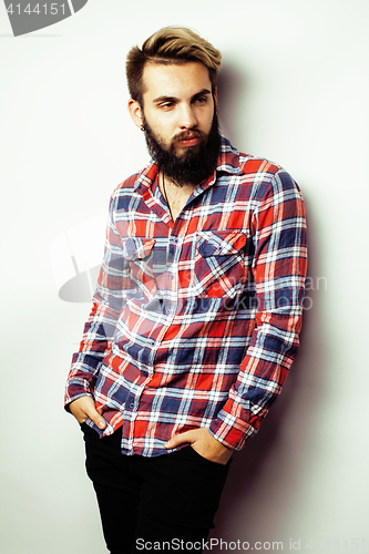 Image of portrait of young bearded hipster guy smiling on white background close up, brutal man, lifestyle people concept