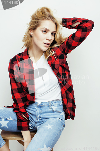 Image of young pretty stylish hipster teen girl posing emotional isolated on white background happy smiling cool smile, lifestyle people concept