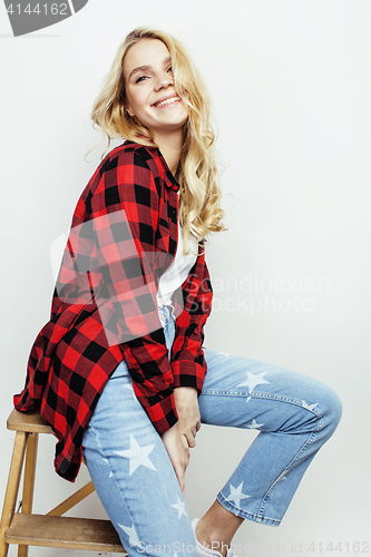 Image of young pretty stylish hipster teen girl posing emotional isolated on white background happy smiling cool smile, lifestyle people concept