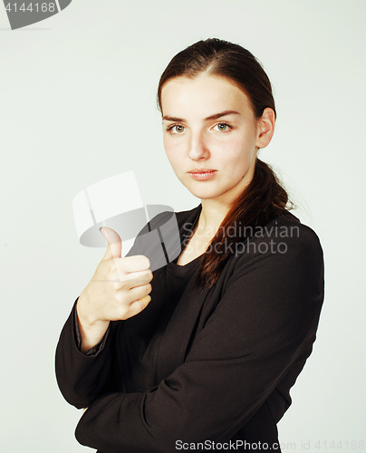 Image of young pretty girl pointing on white background, business science people concept