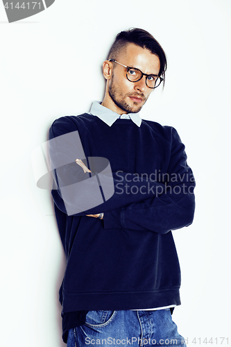 Image of handsome middle age hipster man with modern hairstyle and tattoo, beard, close up on white background