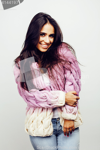 Image of young happy smiling latin american teenage girl emotional posing on white background, lifestyle people concept