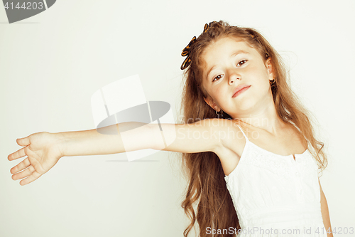 Image of little cute beauty girl isolated on white background long curly hair, close up adorable kid, lifestyle people concept