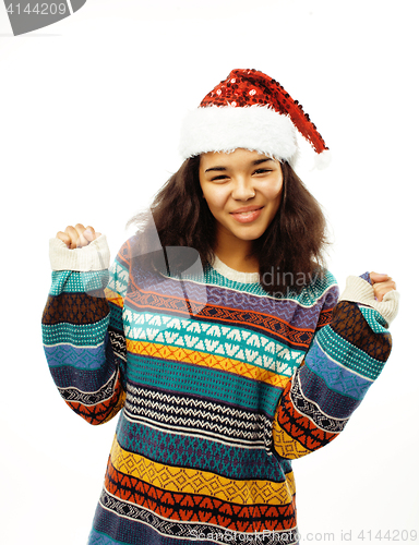 Image of cute young real african hipster girl in santas red hat isolated 