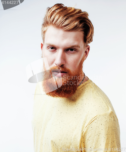 Image of young handsome hipster bearded guy looking brutal isolated on white background, lifestyle people concept