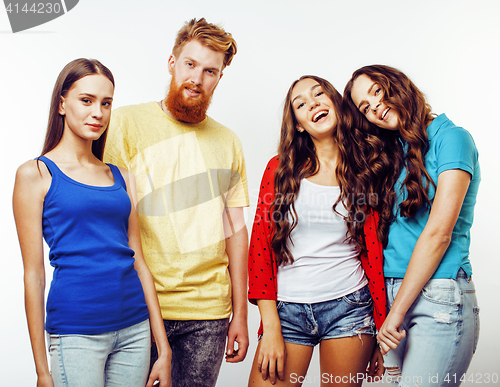 Image of company of hipster guys, bearded red hair boy and girls students having fun together friends, diverse fashion style, lifestyle people concept isolated on white background
