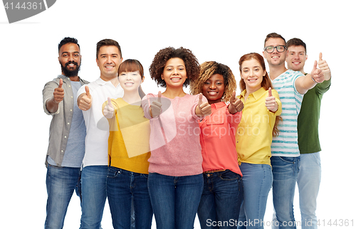 Image of international group of people showing thumbs up