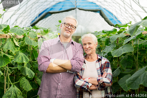 Image of happy senior couple at farm greenhouse