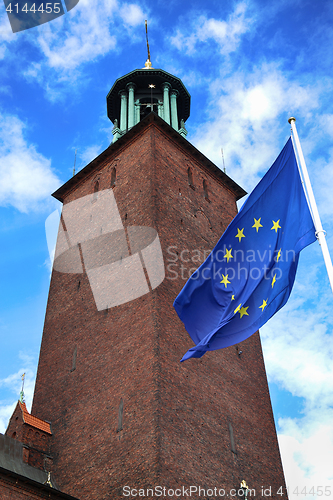 Image of Stockholm City Hall ( Stockholms stadshus) with EU flag in Stock