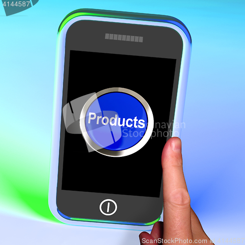 Image of Products Button On Mobile Shows Internet Shopping Goods