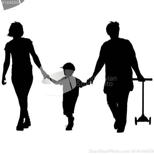 Image of Black silhouette of mother, grandmother and grandson walking with scooter in the hands. illustration