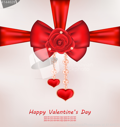 Image of Greeting Card with Red Bow, Rose, Heart, Pearls for Valentines D