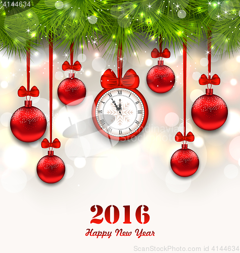 Image of New Year Magic Background with Clock, Fir Twigs and Glass Ball