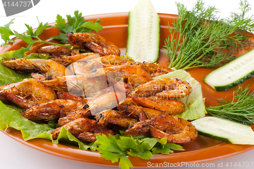 Image of Fried Shrimps with Salad Leaves, cucumber