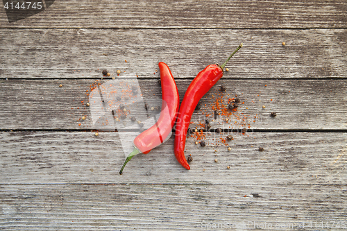 Image of Red hot chili peppers on wood