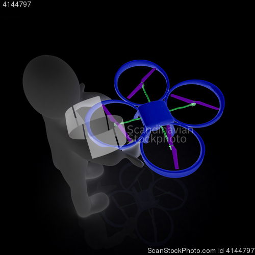 Image of 3d man with drone, quadrocopter, with photo camera. 3d render. 3