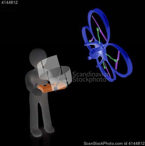 Image of 3d man with drone, quadrocopter, with photo camera. 3d render. 3