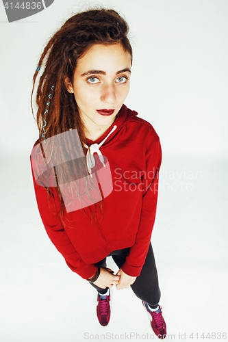 Image of real caucasian woman with dreadlocks hairstyle funny cheerful fa