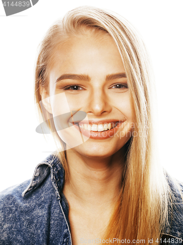 Image of young blond woman on white backgroung gesture thumbs up, isolate