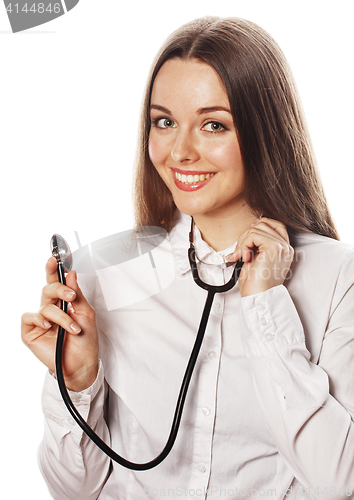 Image of young pretty woman doctor with stethoscope on white background 