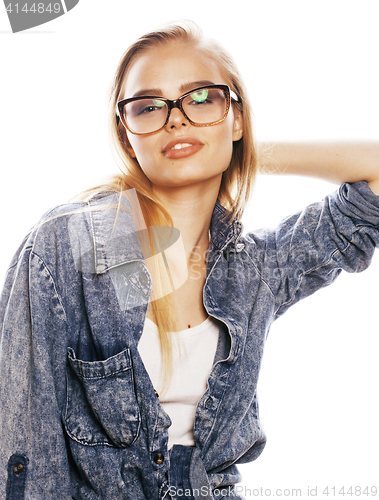 Image of young pretty girl teenager in glasses on white isolated blond ha