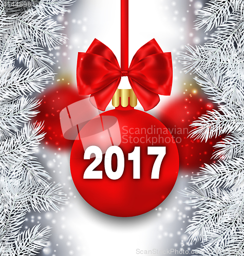 Image of Holiday Background with Silver Fir Branches and Red Christmas Ball