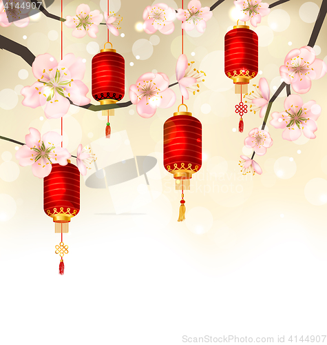 Image of Cute Background with Sakura Blossom and Hanging Lanterns