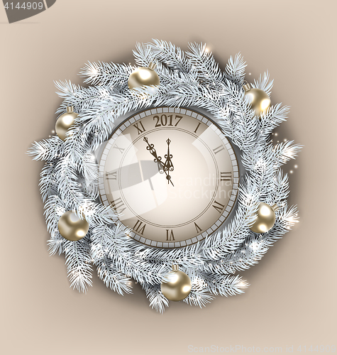 Image of Christmas Wreath with Clock and Golden Balls for Happy New Year 2017