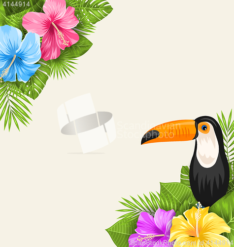 Image of Nature Tropical Background with Toucan, Hibiscus Flowers and Palm Leaves