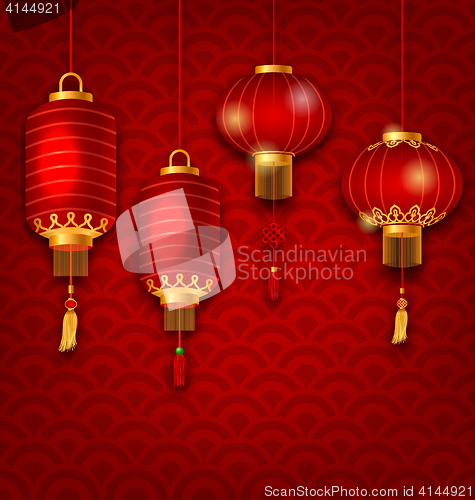 Image of Chinese Background with Lanterns, Seigaiha Texture