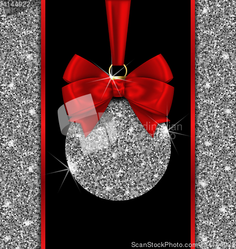 Image of Glitter Card with Christmas Ball and Red Bow Ribbon