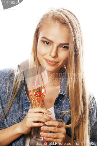 Image of young blond woman on white backgroung gesture thumbs up, isolate