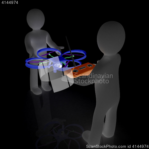 Image of 3d man with drone, quadrocopter, with photo camera. 3d render. 3